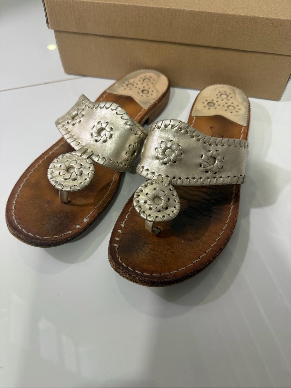 Jack Rogers Metallic Champagne Leather Toe-Post Sandals